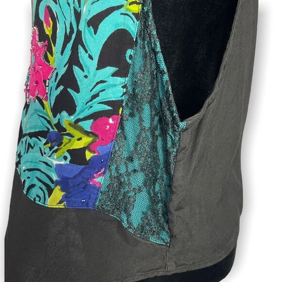 Atlast Studio Vest Women's Medium Multicolor Floral Print Boho Beaded Lace VTG - Picture 8 of 10
